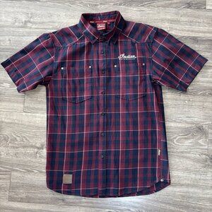Indian Motorcycle Flannel Mens S Red/Blue Plaid Short Sleeve Button Down‎ Bikers